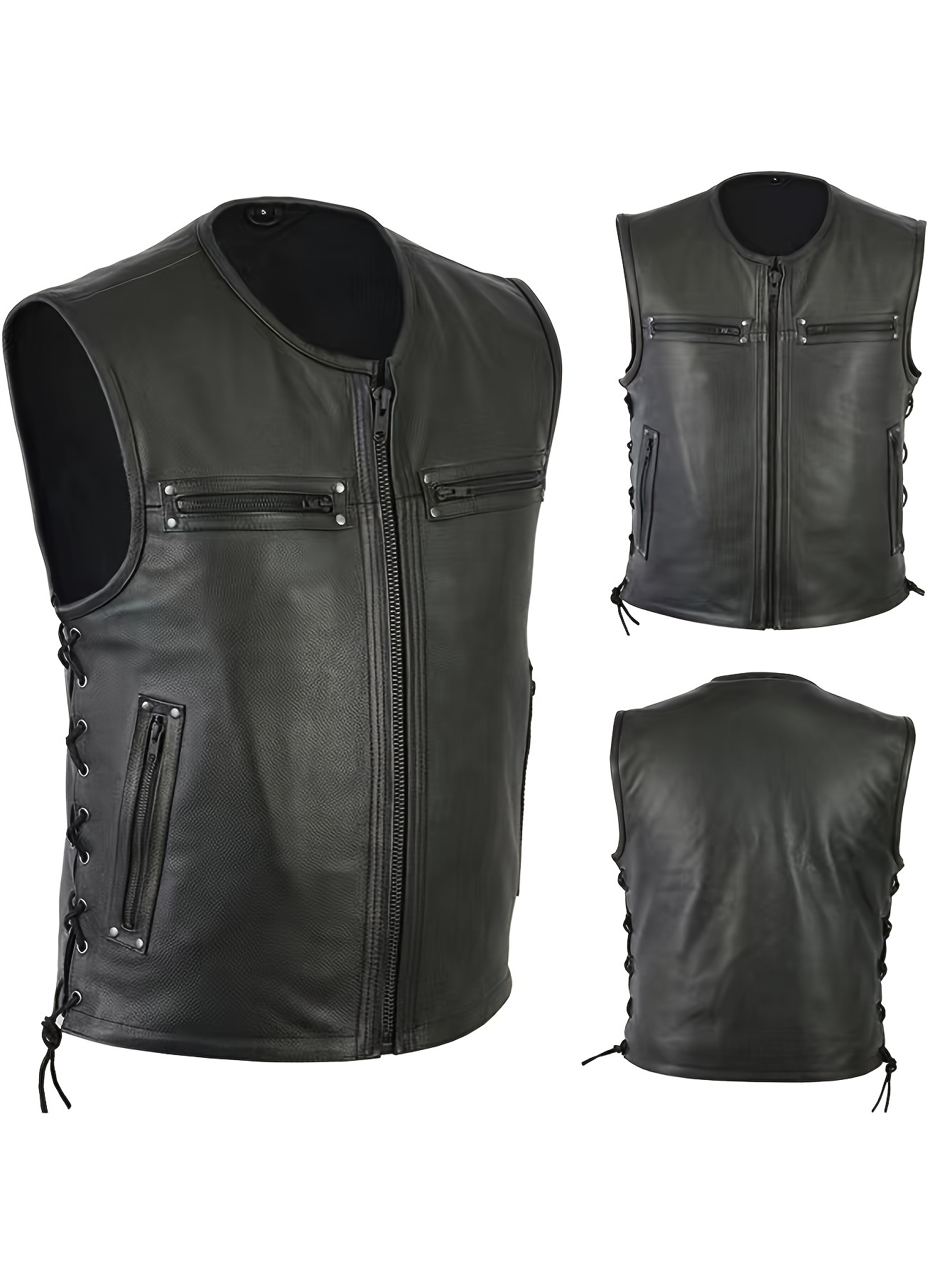 Leather Work Vest For Men - Męska kamizelka motocyklowa w jednolitym kolorze,
